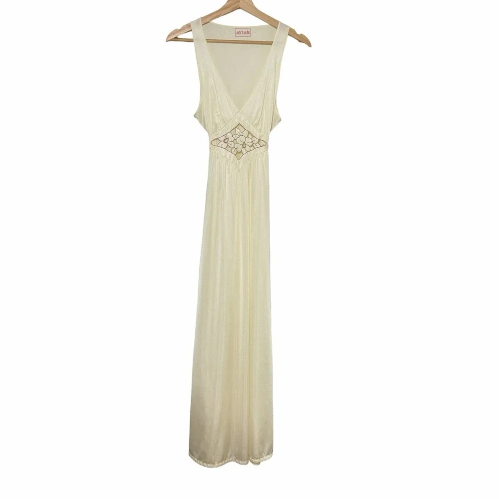 VTG 70s Avian Nightgown Maxi Dress Womens L Beige Embroidered Cutout Nylon